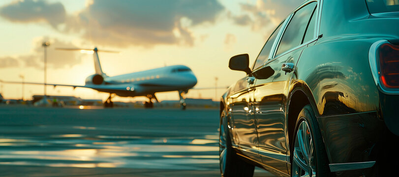 View of black luxury limousine car with private white jet in the background at the airport, private luxury escort 