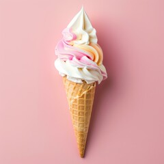 Refreshing pastel swirl soft serve ice cream in a crispy waffle cone on a vibrant pink background