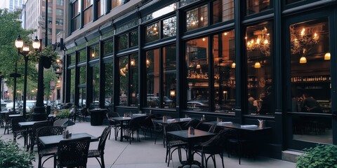 Glass windows of several businesses to a city square
