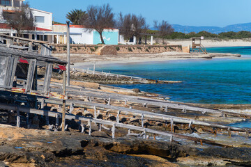 Formentera, tradicionales embarcaderos de Es Pujols, Islas Baleares