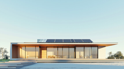 Fototapeta premium Solar panels installed on the roof of a modern building with the sun shining