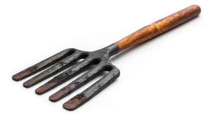 Naklejka premium A metal garden fork with a wooden handle, used for digging and turning soil.