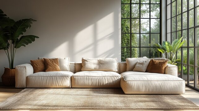 Cozy beige sectional sofa in sunlit room.
