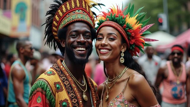 Happy couple wearing colorful traditional clothes smiling and looking at camera at west indian day parade in brooklyn, new york