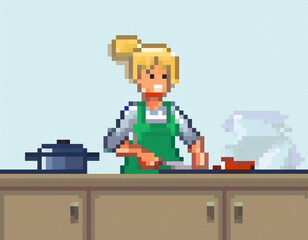 Fototapeta premium Pixel Art Woman Cooking Food