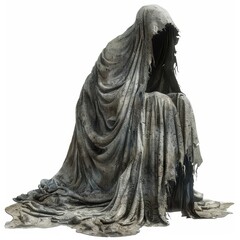 A hooded figure kneeling, shrouded in a tattered robe, appears spectral and ghostly against a white background.