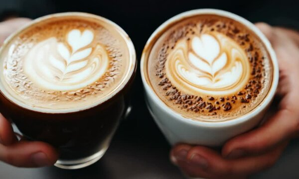 Barista creates stunning latte art with heart designs in coffee cups