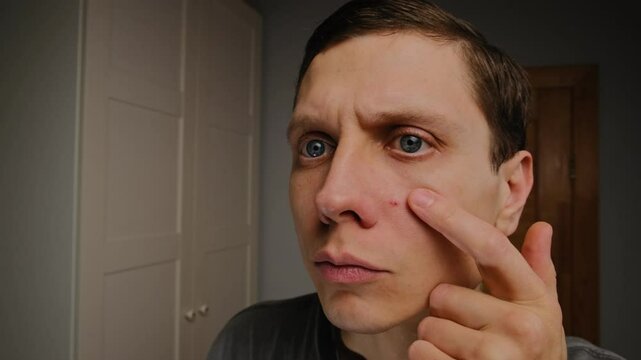 Young man examining a pimple on his face with dissatisfaction in a home setting, focusing on problematic skin and skincare concerns.