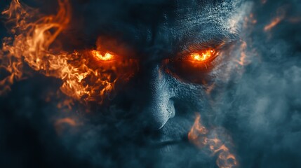 Fiery demonic face engulfed in smoke and flames