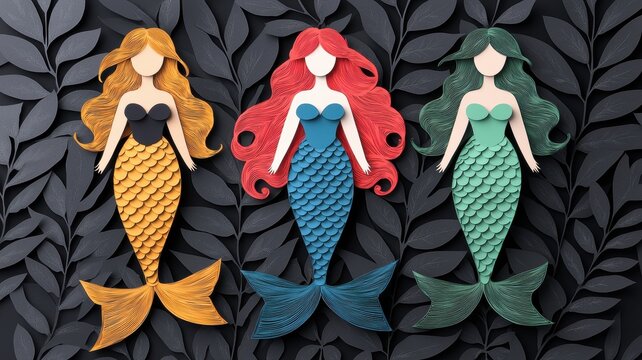Three Paper Cut Mermaids in Black Leafy Garden