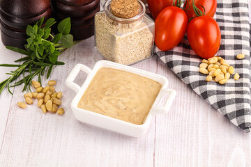 Delicious walnut creamy sauce in the bowl