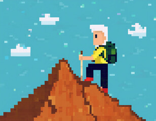 Naklejka premium Man Climbing Mountain Pixel Art