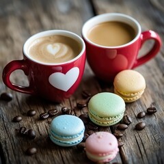 Create Cozy, Romantic Scene with Heart-Shaped Coffee Mugs, Colorful Macarons, and Coffee Beans on a Wooden Table