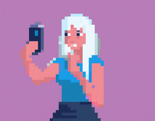 Obraz premium Woman Taking Selfie Pixel Art Pixelated Illustration
