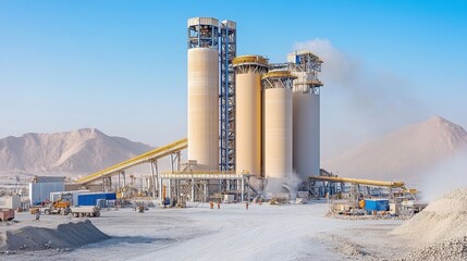 A cement manufacturing plant with towering silos and conveyor belts transporting raw materials, while workers monitor the kilns and mixers from a central control room. Dust and smoke fill the 