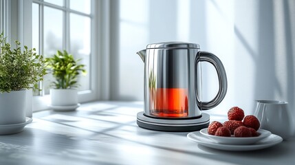 A modern kettle heats water beside fresh raspberries in a bright, serene kitchen setting.