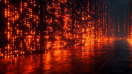 Digital Inferno: A mesmerizing corridor of flickering, orange data streams. The futuristic design evokes a sense of both danger and opportunity. The abstract.