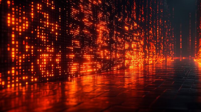 Digital Inferno: A mesmerizing corridor of flickering, orange data streams. The futuristic design evokes a sense of both danger and opportunity. The abstract.