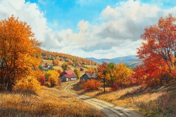 Fototapeta premium Autumnal Countryside Landscape with Rustic Houses and Winding Path
