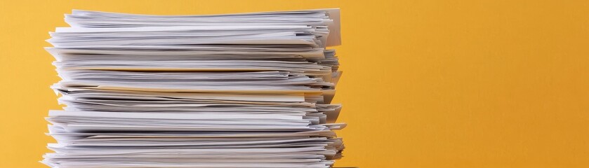 High Stack of Papers Documents Office Work Yellow Background