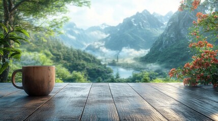 Rustic coffee mug on a wooden porch with a breathtaking mountain view