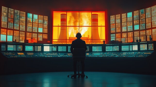 A control room of a nuclear power plant filled with monitors, switches, and dials, where engineers monitor the reactor's output. Through a large window, the cooling towers emit steam, symbolizing 