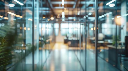 Blurred view of modern office interior with glass walls and warm lighting.