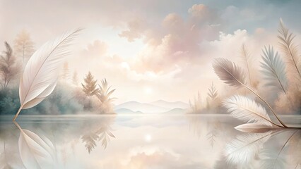 Serene Landscape with Feathers Reflecting in Calm Water