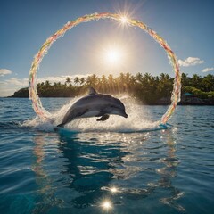 Fototapeta premium A dolphin jumping through a hoop of sunlight near a peaceful tropical island.