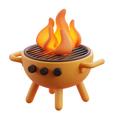 Cartoon-Style 3D Icon of a Round-Edged Matte Finish BBQ Grill with Flames on Isolated White Background