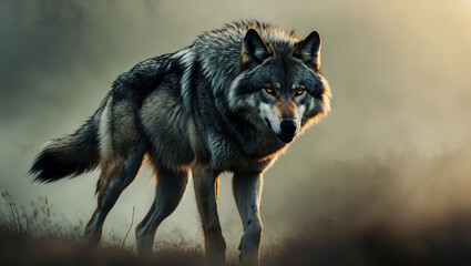 Fototapeta premium Explore stunning wolf images and art: from majestic howling wolves to lone wolf portraits. Perfect for nature lovers, presentations, and creative designs.
