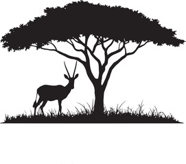 A black-and-white silhouette of an antelope standing under an acacia tree in a grassy savanna