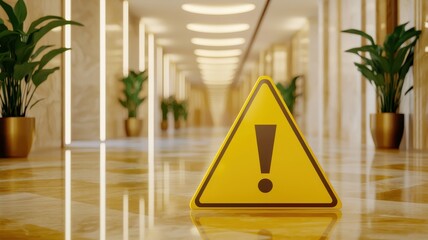 Wet Floor Warning Sign in Modern Hotel Lobby
