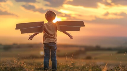Boy with cardboard wings at sunset, dreaming of flight.