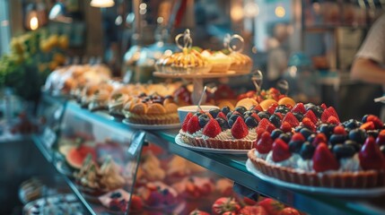 Fototapeta premium Elegant dessert display with cakes and strawberries in a bakery