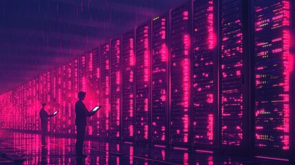 Obraz premium A futuristic data center with rows of glowing servers and cooling systems, where technicians in smart uniforms use tablets to monitor system performance. The hum of technology fills the air. 