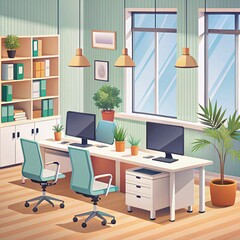 An illustration in flat style depicting a contemporary office interior with modern computers in pastel shades.