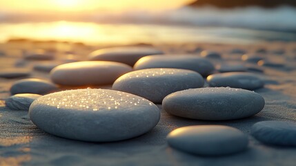 Obraz na płótnie Canvas Wet stones on beach at sunset.