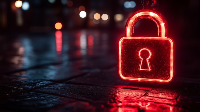 Cybersecurity: A glowing red padlock stands as a symbol of digital security, its presence in the nighttime cityscape evoking a sense of vigilance and protection.