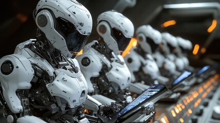 Fototapeta premium A futuristic robotics assembly line producing humanoid robots, with advanced AI systems guiding each stage of production. Engineers monitor the process using holographic dashboards, reflecting 