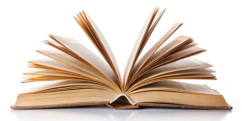 Fototapeta premium Open book with abstract turning pages reading hobby, isolated on white background