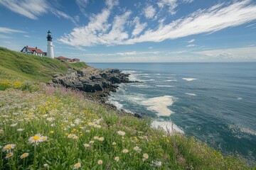 Tranquil seaside cliffside landscape waves crashing against rocky shore beautiful floral viewpoint serene environment coastal harmony nature’s beauty