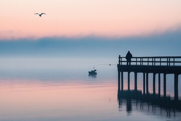 Obraz premium A peaceful seaside morning with a fisherman on the pier serene waters and soft mist coastal vibes tranquil environment scenic viewpoint