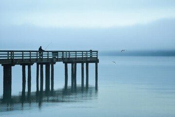 Obraz premium A tranquil seaside morning with a fisherman casting lines at the pier serene waters and misty skies creating a peaceful atmosphere for reflection and enjoyment