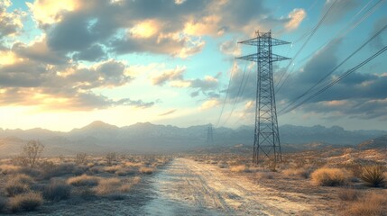 High Voltage Transmission Tower in Desert Landscape at Sunset