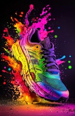 Retro sneaker surrounded by an explosion of rainbow hues.