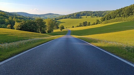 Naklejka premium Winding road through idyllic green hills.