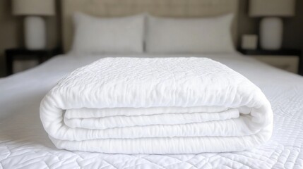 Folded White Blanket on Bed