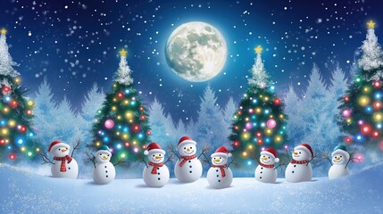 Obraz premium Group of cute snowmen in the snow, Christmas trees and full in the background
