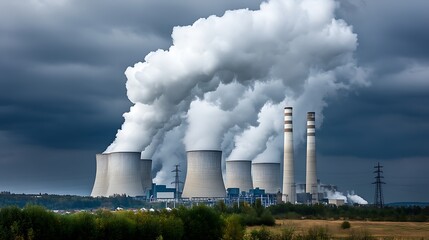 A coal-fired power plant emitting dense clouds of greenhouse gases, with a nearby community affected by the pollution. 